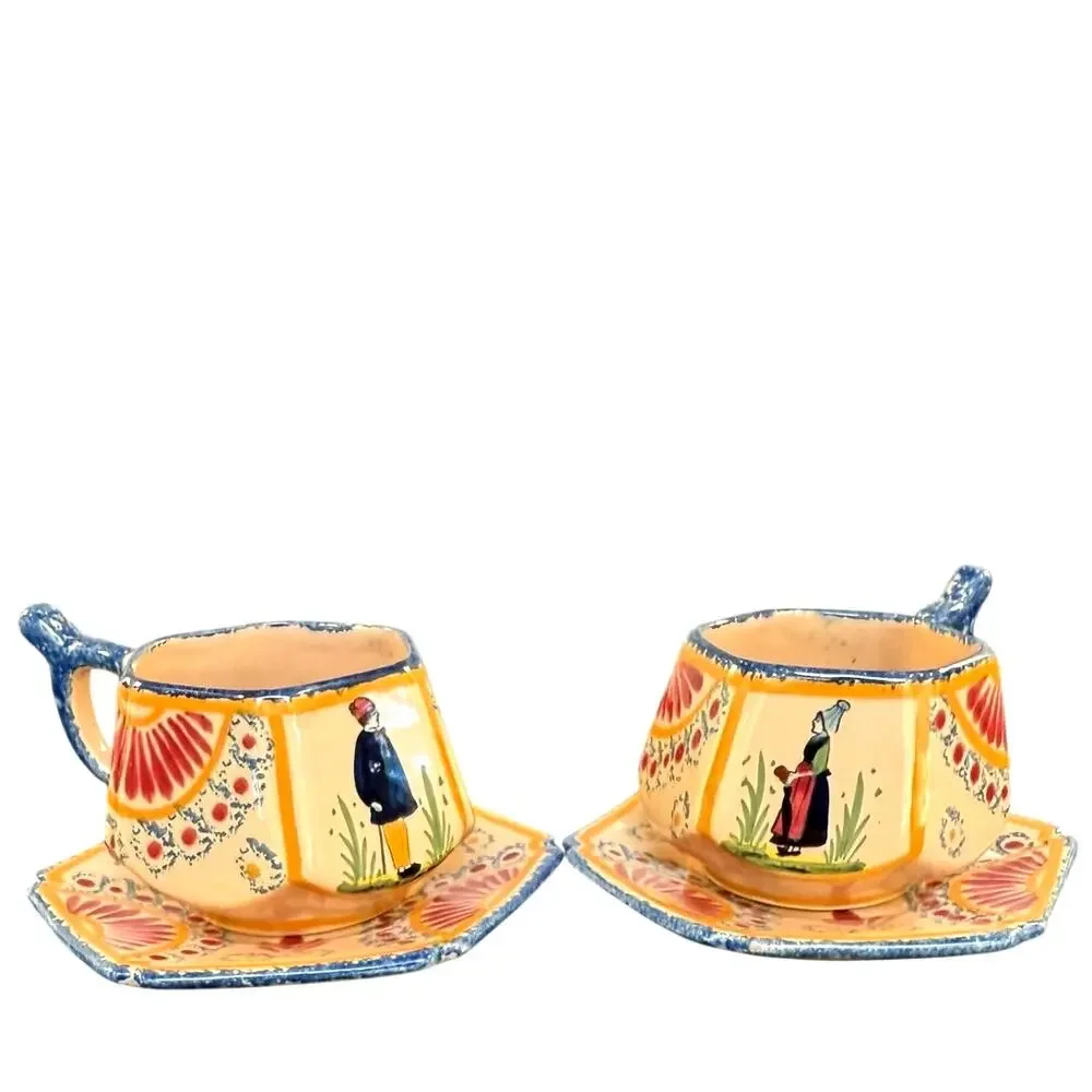 French Vire Faience Vintage Tray Teapot Cups Sugar Cream Covered Dish-9 PC Set - Picture 7 of 14